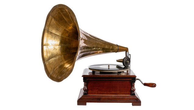 Antique gramophone with brass horn and wooden base, isolated on transparent background