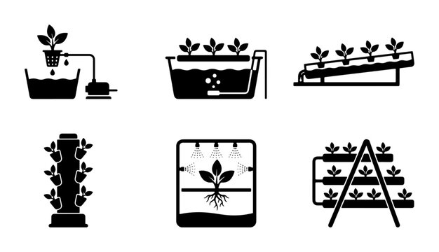 Hydroponic Systems Icons, Vertical Farming Vector Graphics, Aeroponics & Aquaponics Symbols, Sustainable Agriculture Technology