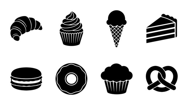 Sweet Treats Vector Icons: Croissant, Cupcake, Ice Cream, Cake Slice, Macaron, Donut, Muffin, Pretzel Collection
