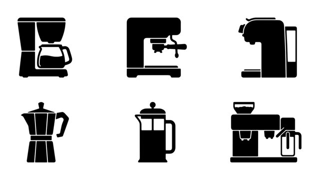 Coffee Maker Icons Set, Espresso Machine Vector Graphics, French Press & Moka Pot Collection, Kitchen Appliance Icons for Cafes
