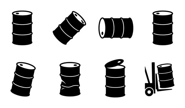 Oil Barrel Icons Set, Industrial Storage Drums, Black Metal Containers, Vector Graphics for Logistics and Energy