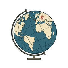 Naklejka premium Vintage style world globe illustration with a compass rose icon on a white background.