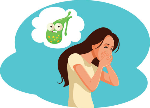 Nauseous Woman Covering Mouth Suffering From Gallstones Vector Illustration. Sick female patient feeling vomit urge near gallbladder drawing 
