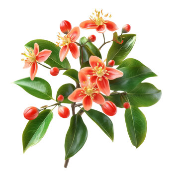 Branch with peach-colored flowers red berries and glossy green leaves isolated on white background
