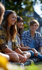 Fototapeta premium Group of students sitting and studying together in a park, smiling, talking and enjoying time outdoors with friends