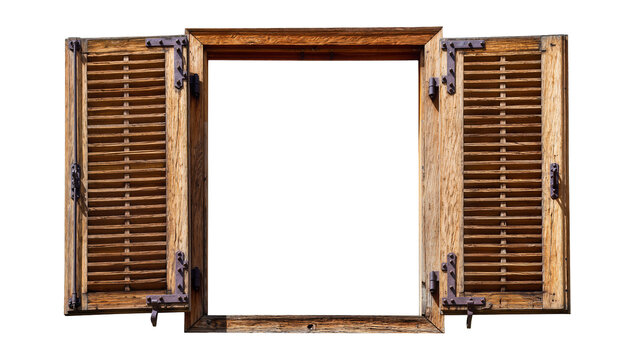 Rustic wooden window frame with open slatted shutters, isolated on transparent background
