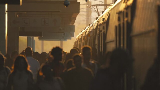 Crowd waits at train station during sunset with warm light shining through