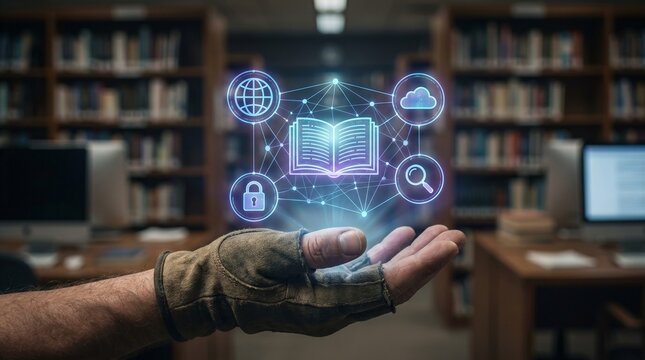 Digital knowledge concept with a holographic book icon floating above a hand in a library setting