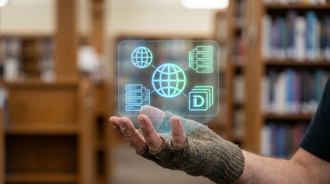 Digital network connection concept with a glowing globe and data icons held in a hand in a library setting