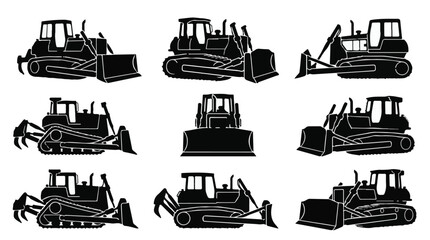 Fototapeta premium Construction machinery silhouettes vector set black and white heavy equipment lineup 