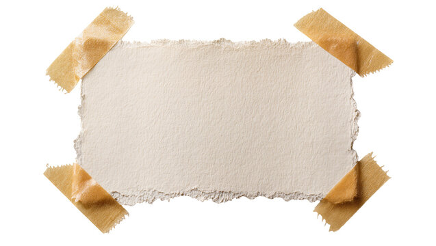 Rough textured paper note with torn edges secured by golden tape, isolated on transparent background