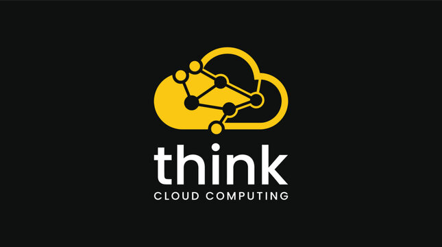 Modern cloud computing logo with a connected network inside a yellow cloud icon representing data processing AI and digital innovation for technology businesses