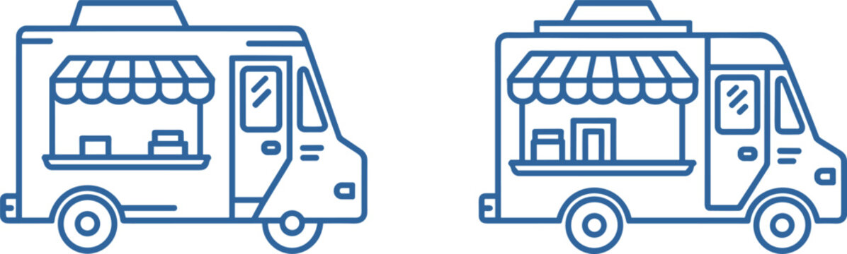 Two blue line art food trucks with open awnings and windows vehicle mobile kitchen