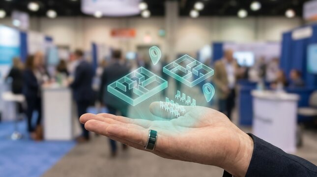 Holographic floor plan and seating arrangement visualization held in a hand at a professional trade show or business conference