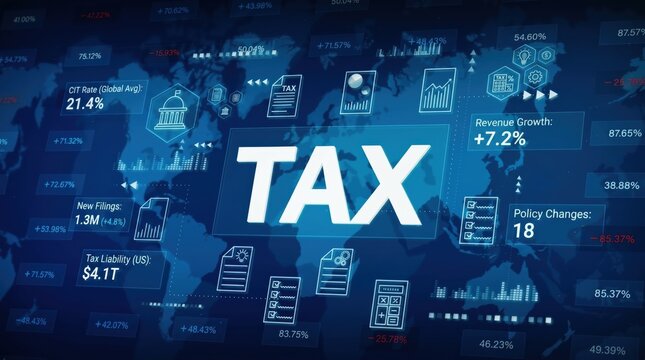Digital tax concept illustration with global world map background, financial data charts, revenue growth statistics, policy changes information, corporate income tax rates