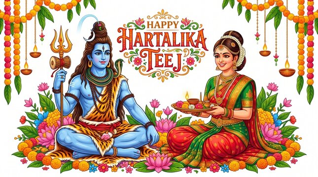 Hartalika Teej Festival with Goddess Parvati, Traditional Indian Women Celebrating Hartalika Teej Puja with Mehendi, Sweets, and Festive Decor