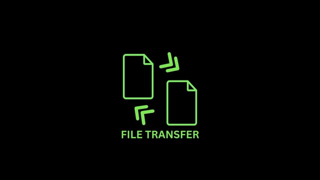 Animated file transfer icon with kinetic typing text on a black background, data exchange concept loop.