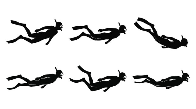 Snorkeling silhouettes underwater swimming in ocean with flippers and gear black and white illustration
