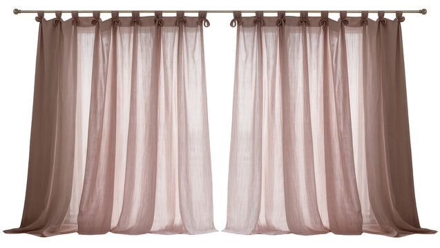 Two dusty rose linen tab top curtains hanging from a metal rod, isolated on transparent background