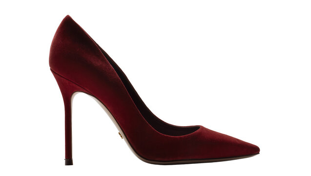 Elegant deep red velvet stiletto heel pump shoe, isolated on transparent background