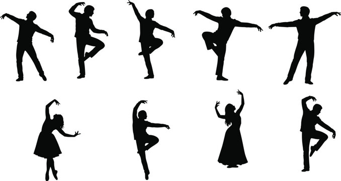 Set of dancers and ballet performers silhouettes in various graceful poses isolated on white background