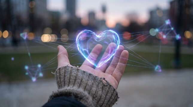 Digital glowing heart hologram floating above a human hand in a city setting, representing love, technology, and human connection