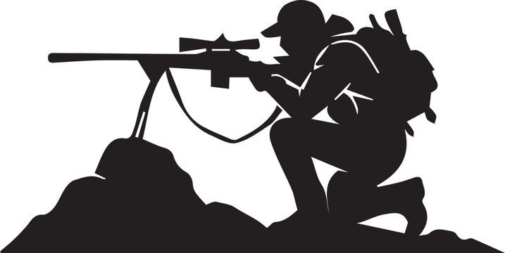 Kneeling shooter silhouette icon illustration, tactical rifle vector artwork, outdoor marksmanship design graphic, precision emblem symbol, minimalist theme