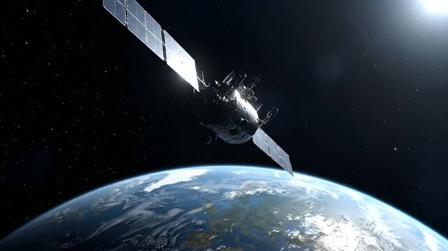 Satellite orbiting Earth in space with sun shining on solar panels.