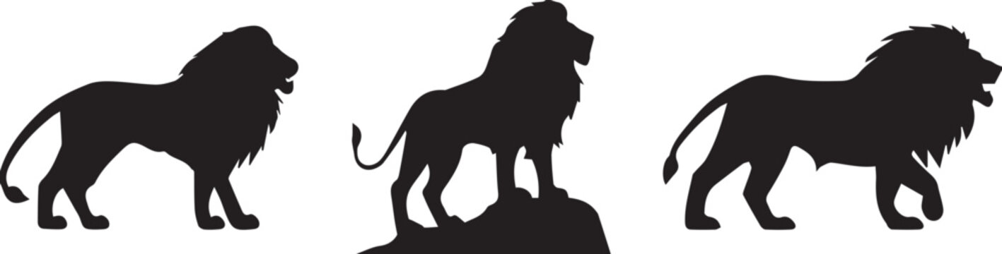 Lion silhouette icon set illustration, animal vector artwork, wildlife design graphic, majestic emblem symbol, minimalist predator theme