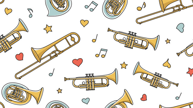 Musical seamless pattern featuring various brass instruments like trumpets and trombones with colorful hearts and stars on white background.