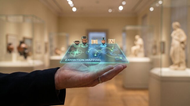 Augmented reality exhibition mapping interface held in hand inside a museum gallery
