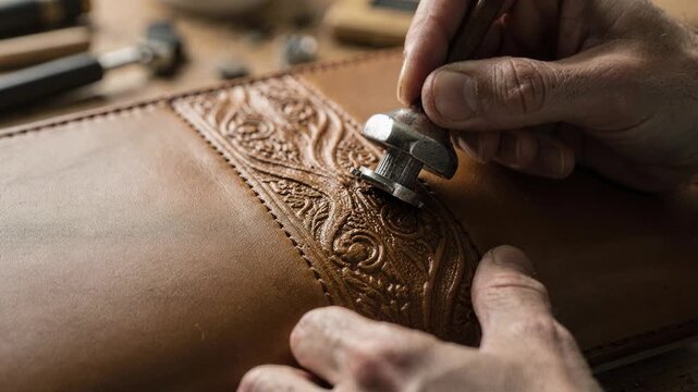 Closeup of a craftsman pressing a detailed title into a binder spine using blind embossing showcasing the raised texture and subtle elegance on a leather cover.
