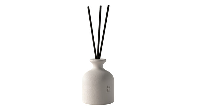 White textured ceramic diffuser bottle with black reeds, isolated on transparent background