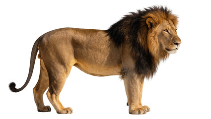 Majestic male lion with dark mane standing profile, isolated on transparent background © Aliona