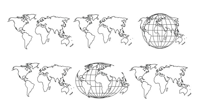 Collection of world map outlines and globe representations in different perspectives for geography themes.