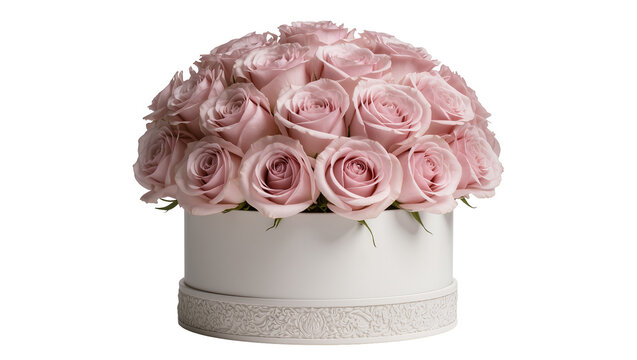 Delicate pink roses arranged in a white hat box with ornate trim, isolated on transparent background