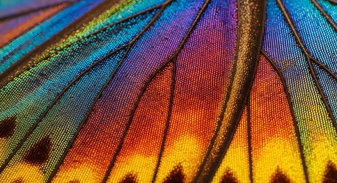 Vibrant colorful butterfly wing macro detail.