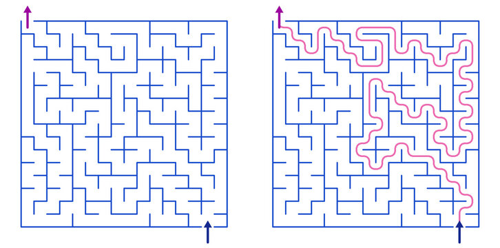 Maze design with solution highlighted in red on white background  