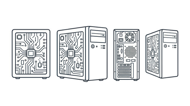Desktop computer case and server tower line art illustrations.