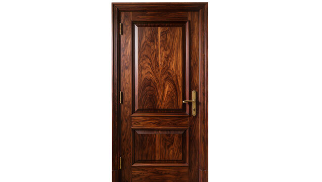 Rich dark wood paneled door with brass handle, isolated on transparent background