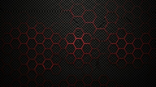 Abstract technology background with red glowing hexagon pattern on dark carbon fiber texture