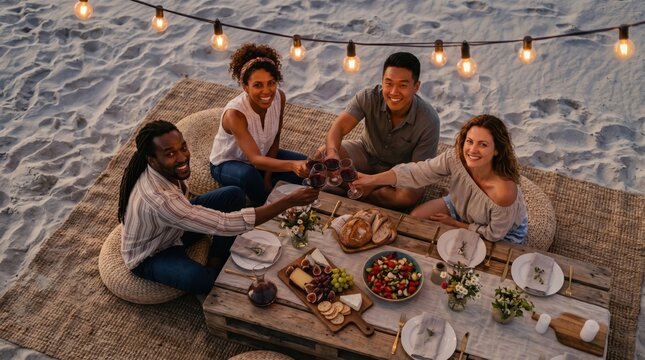 Happy diverse friends group having dinner party on beach at night, toasting with wine glasses, celebrating friendship and enjoying outdoor lifestyle together.