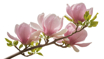 Delicate pink magnolia flowers with green leaves on branch, isolated on transparent background © Aliona