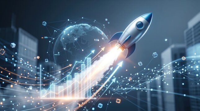 Rocket launching upward with financial growth chart, global network connections and data analytics background, symbolizing business success, startup innovation