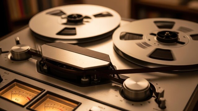Vintage reel-to-reel recorder exhibiting classic audio technology and mechanical components