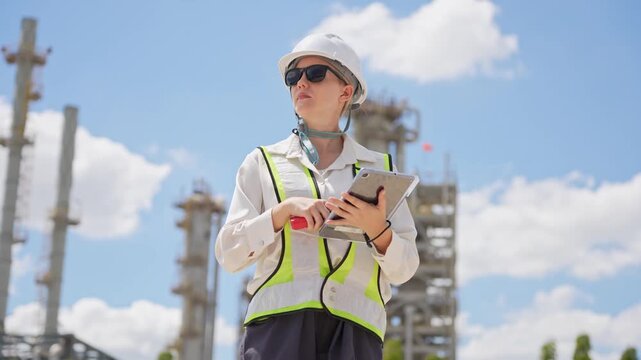 Female industrial engineer using walkie talkie and tablet at oil refinery, Woman technician in safety gear coordinating production operations  at oil and gas facility activity