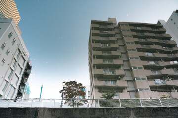 Residential apartment block under blue sky with bare tree © kodai