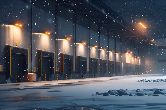Industrial loading docks illuminated during snowy night