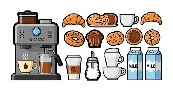 Coffee machine with pastries and milk.