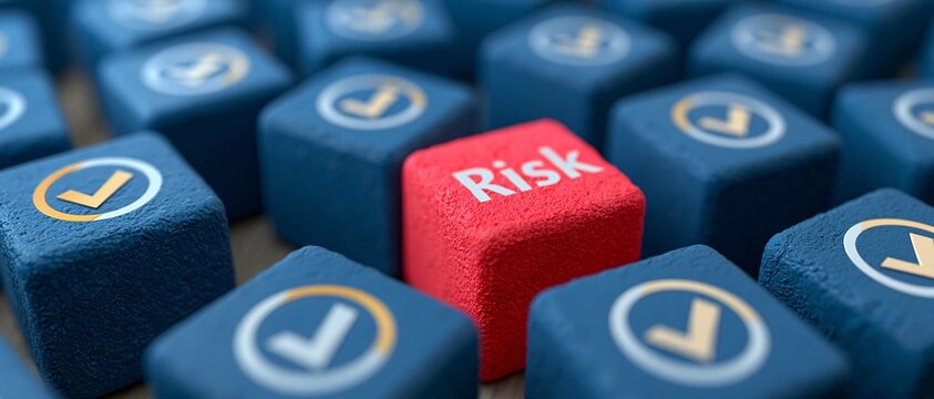 Red cube labeled "Risk" surrounded by blue cubes with check marks. Each cube has textured surface